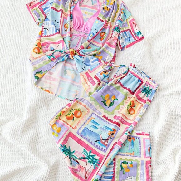 Multicolor Boho Women's Tropical Print Shirt & Pants Set - Picture 6 of 6